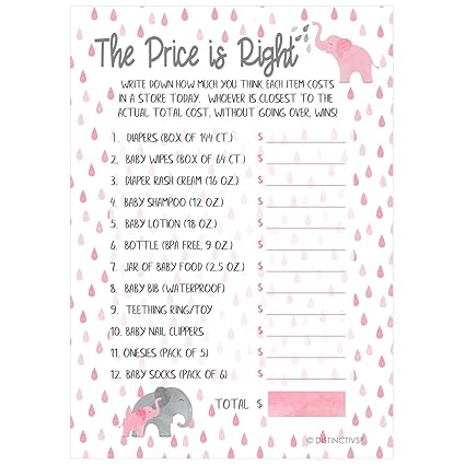 Pink Elephant Price Is Right Baby Shower Game Cards 20 Guests