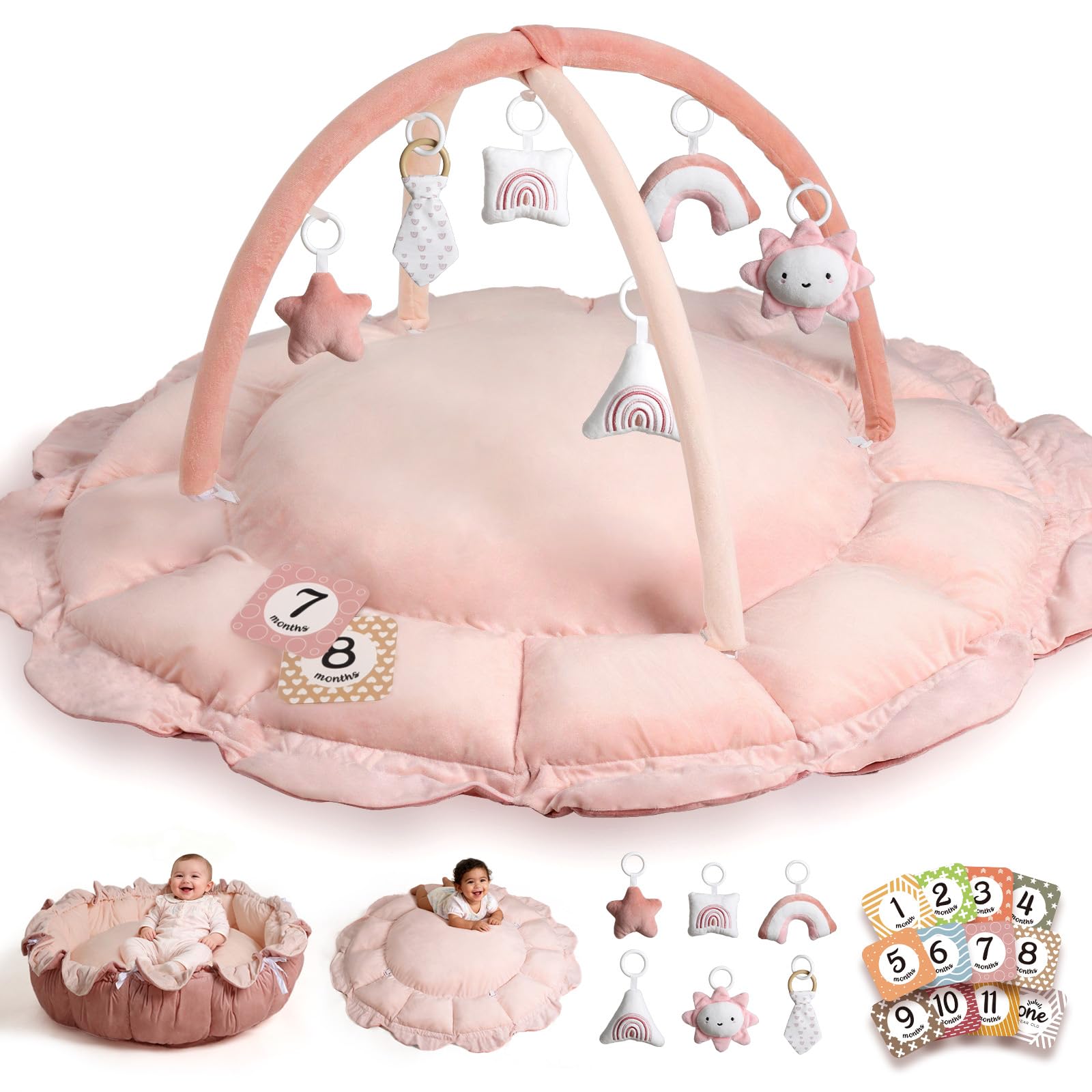 Photo 1 of HAN-MM 5-in-1 Convertible Baby Play Gym with 6 Toys, Tummy Time Mat for Sensory Development, Baby Activity Center from Newborn to Toddler, Ball Pit, Cat & Dog Bed, Soft Plush Pet Bed, Pink