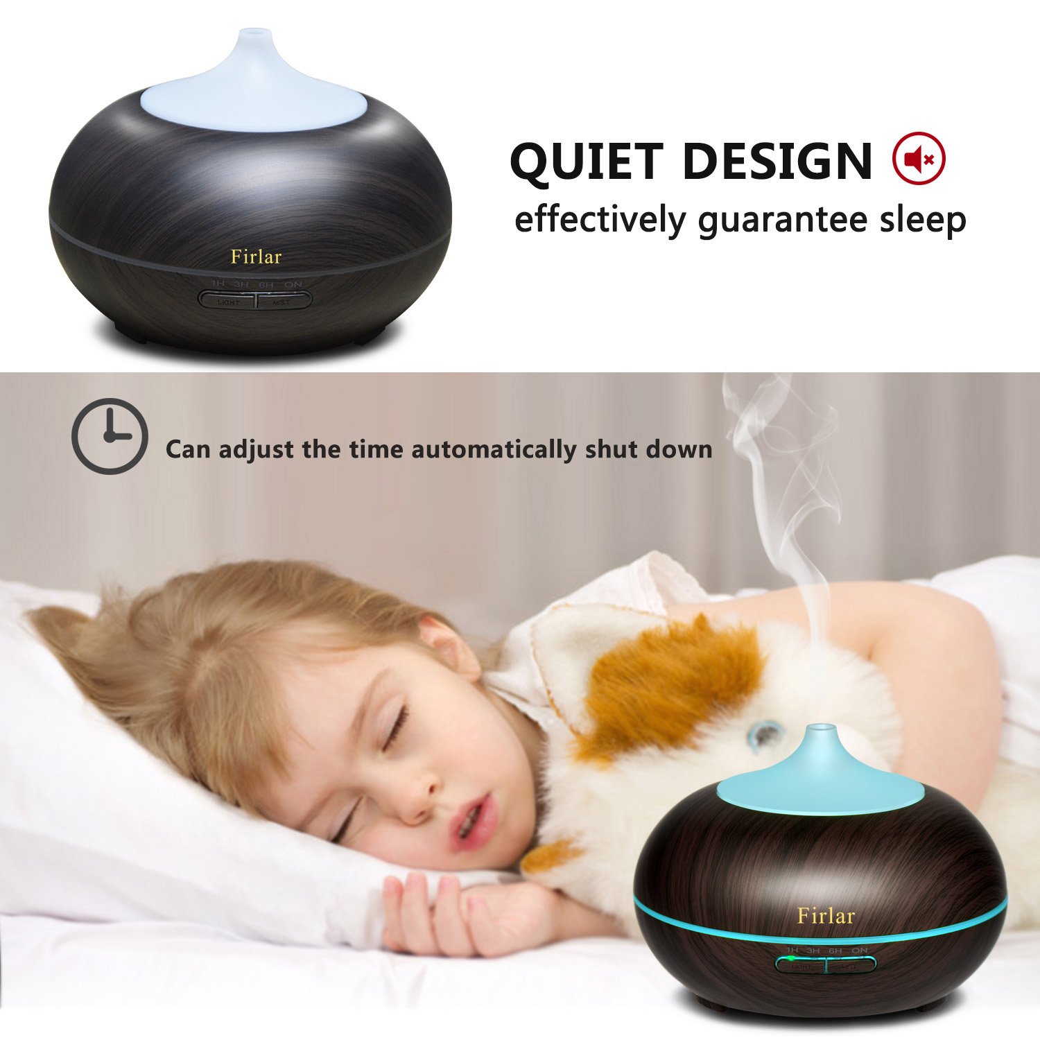 Firlar 300ml Wood Grain Cool Mist Ultrasonic Humidifier LED Night Lamp Aromatherapy Oil Diffuser Baby-AUTO Shut off Lights For Office Yoga Home Bedroom