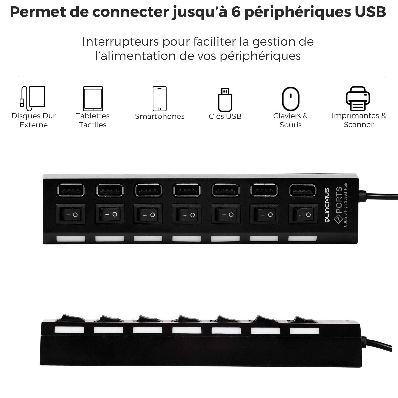 LINCIVIUS  USB Hub, Adaptateur hub USB avec 7 Ports USB, Mini Hub USB Coloris Noir, Original [Garantie à Vie]