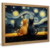 Ypxzzj Romantic Cat Couple Wall Decor - Orange and Black Kittens Watching Moon - Whimsical Starry Night Art Parody - Unique Gift for Cat Lovers Framed Ready to Hang (12&rsquo;&rsquo;x16&rsquo;&rsquo;)