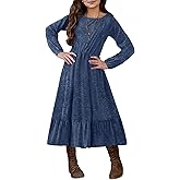 MITILLY Girls Fall Boho Dress Kid Long Sleeve Tween Casual Ruffled Hem Swing Loose Flowy Tiered Midi Dress with Pockets