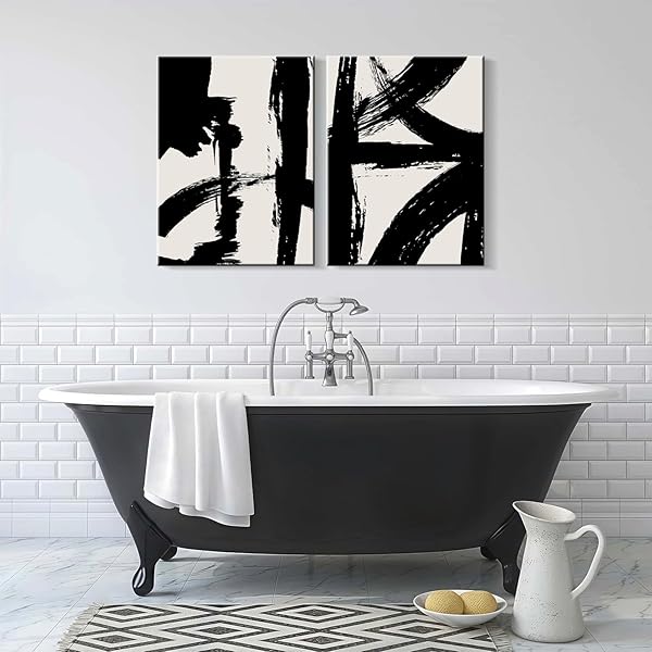2PCS FRAMED ABSTRACT BLACK AND WHITE CANVAS WALL ART MINIMALIST BRUSHSTROKE LINE PRINTS MODERN HOME GALLERY STYLE PAINTING POSTERS PICTURE BEDROOM LIVING ROOM OFFICE 16X24 INCH READY TO HANG