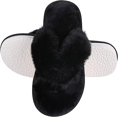 black fuzzy flip flop slippers