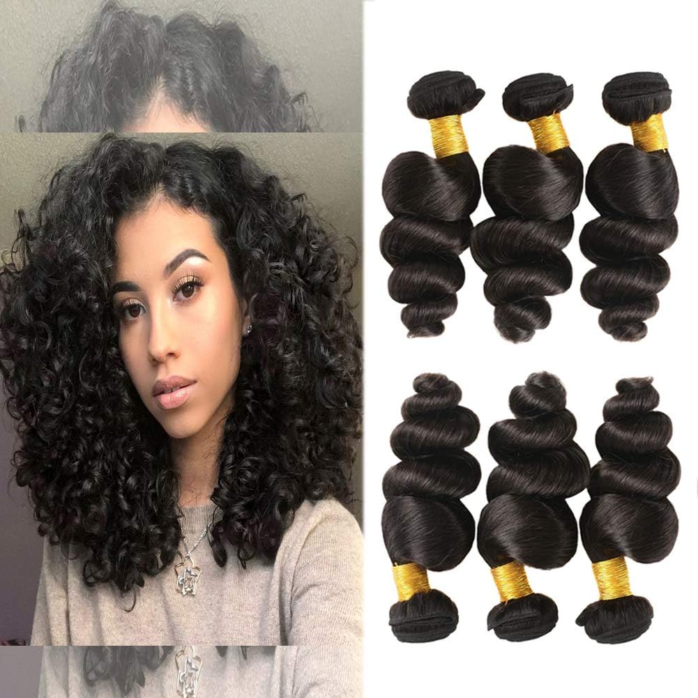 Huarisi Human Hair Loose Wave Bundles 7a Grade Unprocessed Brazilian Virgin Hair Deals 100G Thick Wavy Hair Weaves 12 14 16 Inches a Pack Natural Color Can be Dyed