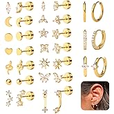 KRFY Flat Back Stud Earrings - 17 Pairs Surgical Steel Stud Earrings For Women Hypoallergenic Hoop Earrings Tiny Screw Back Cartilage Earring Set For Multiple Piercing