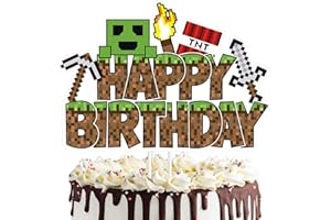 JENJEN TRADITION Pixel Game Happay Birthday Cake Topper – Block Style Birthday Decoration with TNT, Sword & Pickaxe Elements – Video Game Party Supplies for Boys, Girls, Kids & Gamers