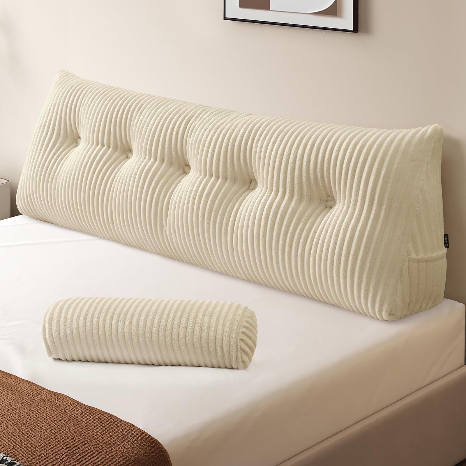 Z-hom Large Wedge Pillow Headboard, Queen Triangular Headboard Pillow, Reading Pillow Bed with a Roll Pillow for Bed Sitting Up Sleeping, Backrest Cushion Headboard Gap Pillow for Back, Beige Cream Image