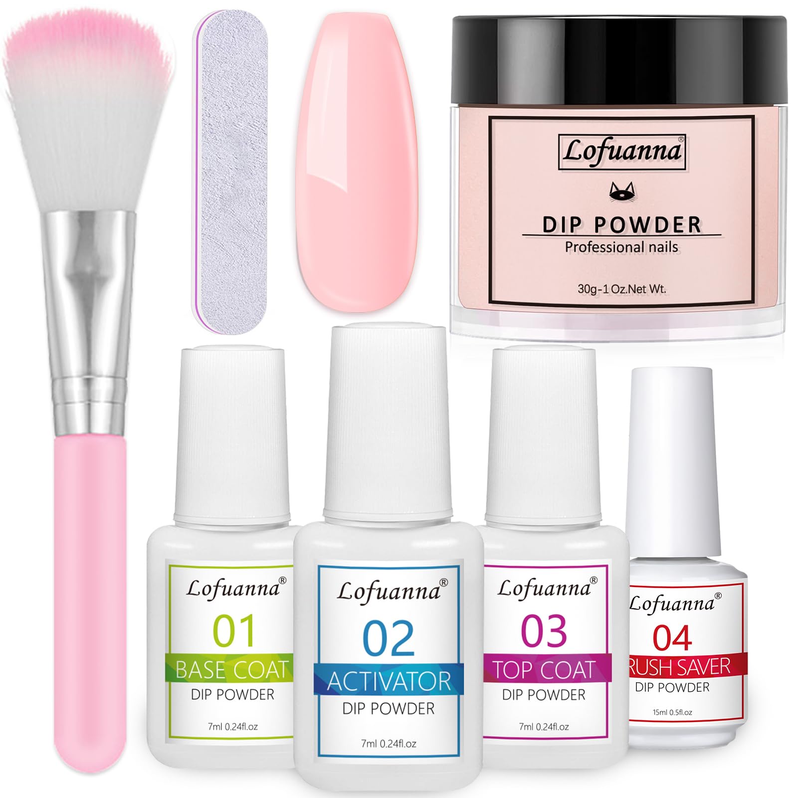 Lofuanna Dip Powder Nail Kit Starter - Pink Dipping Powder with Base Coat & Top Coat & Activator & Brush Saver, No UV/LED Needed, DIY French Nail Art Manicure, Easy to Apply for Home or Salon Use