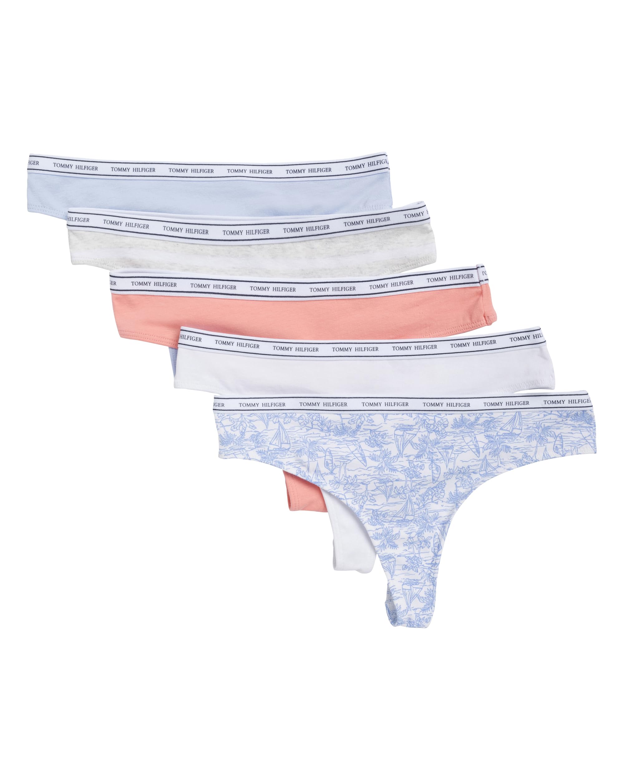 Tommy Hilfiger Women's Classic Cotton Logoband Thong 5-Pack, Harbor/Bright White/Desert Flower/Sweet Blue/Heather Grey Stripe, Small Image