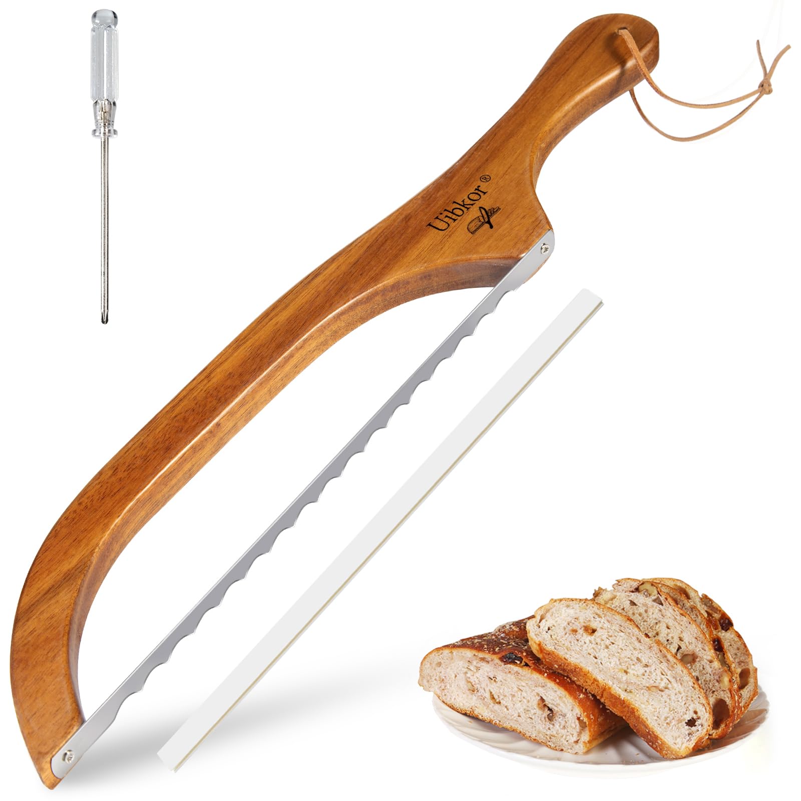 Photo 1 of Uibkor Wooden Bread Bow Knife, 16" Serrated Sourdough Cutter, Premium Stainless Steel Serrated Saw Bread Cutter, Bagel Slicer Knife for Homemade Bread, Bagels, Baguettes and More, Sourdough knife