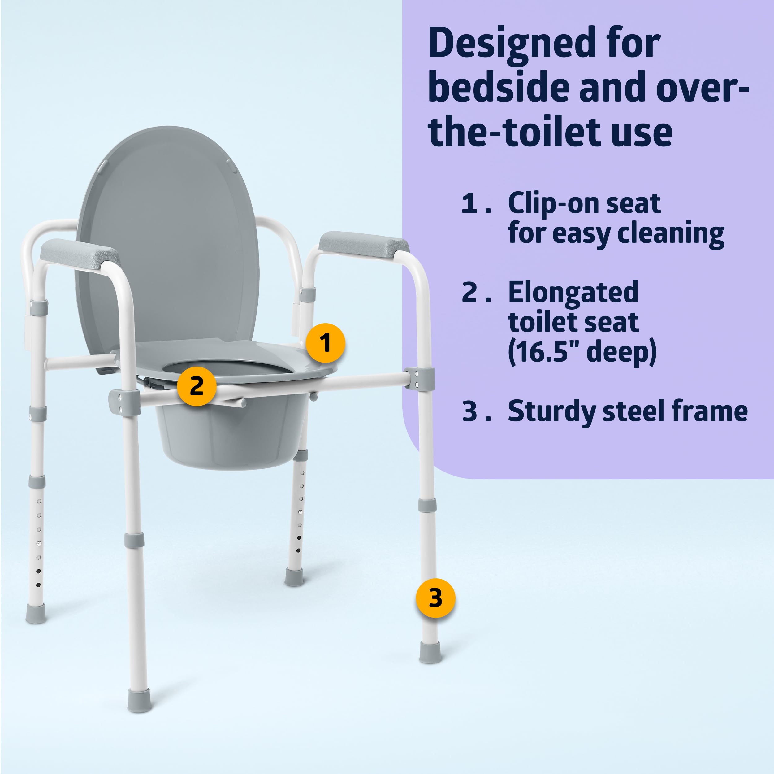 Medline 3-in-1 Steel Bedside Commode, Elongated Seat, Sturdy Folding Frame, 7.5 QT. Bucket, 350 lb. Weight Capacity, Clip-on Seat, Easy Cleaning, Tool-Free Assembly, Gray