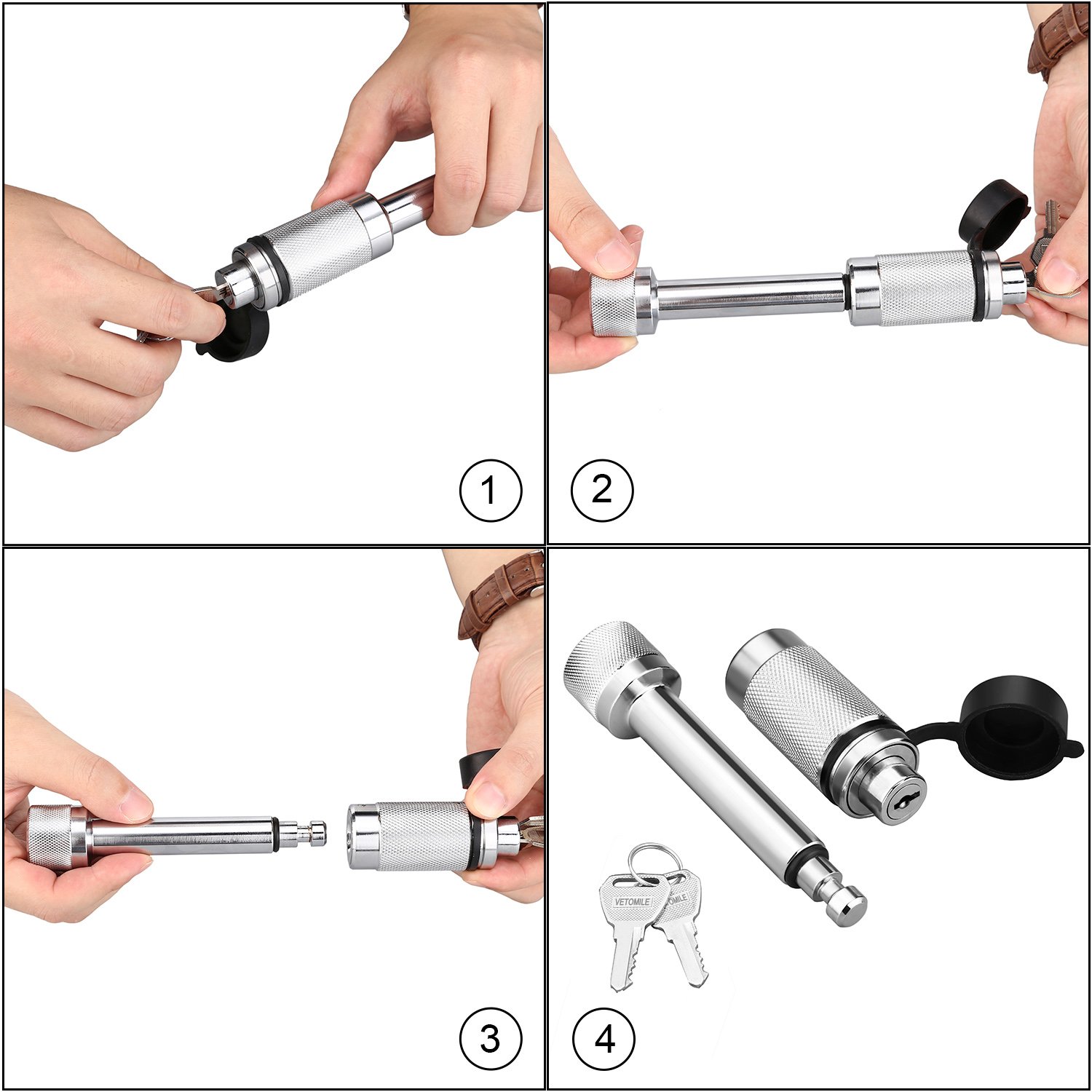 VETOMILE 5/8\'\' Locking Hitch Pin with Keys, Zinc Alloy, Steel and Rubber Cap for Weather Guard Protection