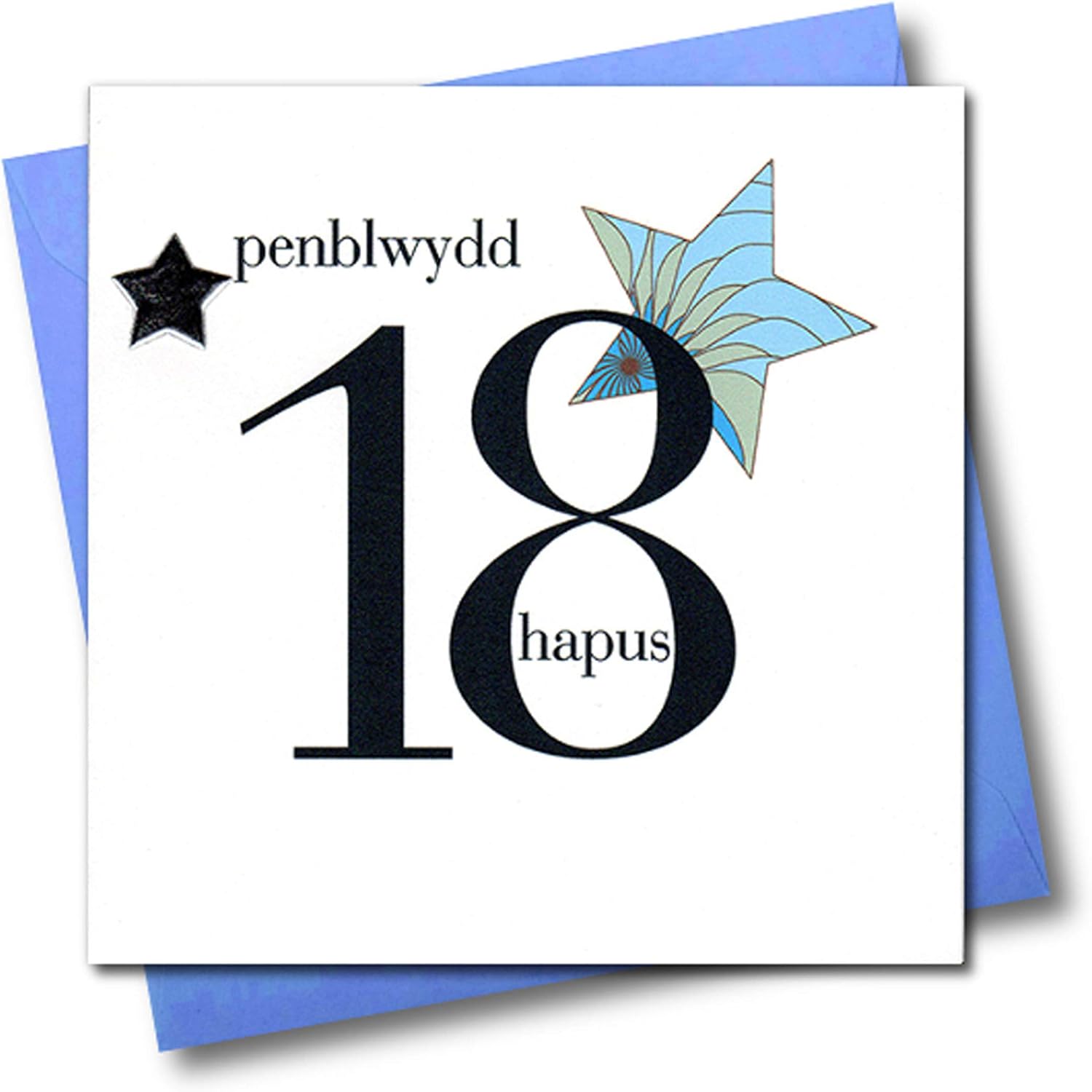 Claire Giles Hearts and Stars Welsh Penblwydd Hapus Happy 18th Birthday Card - Blue