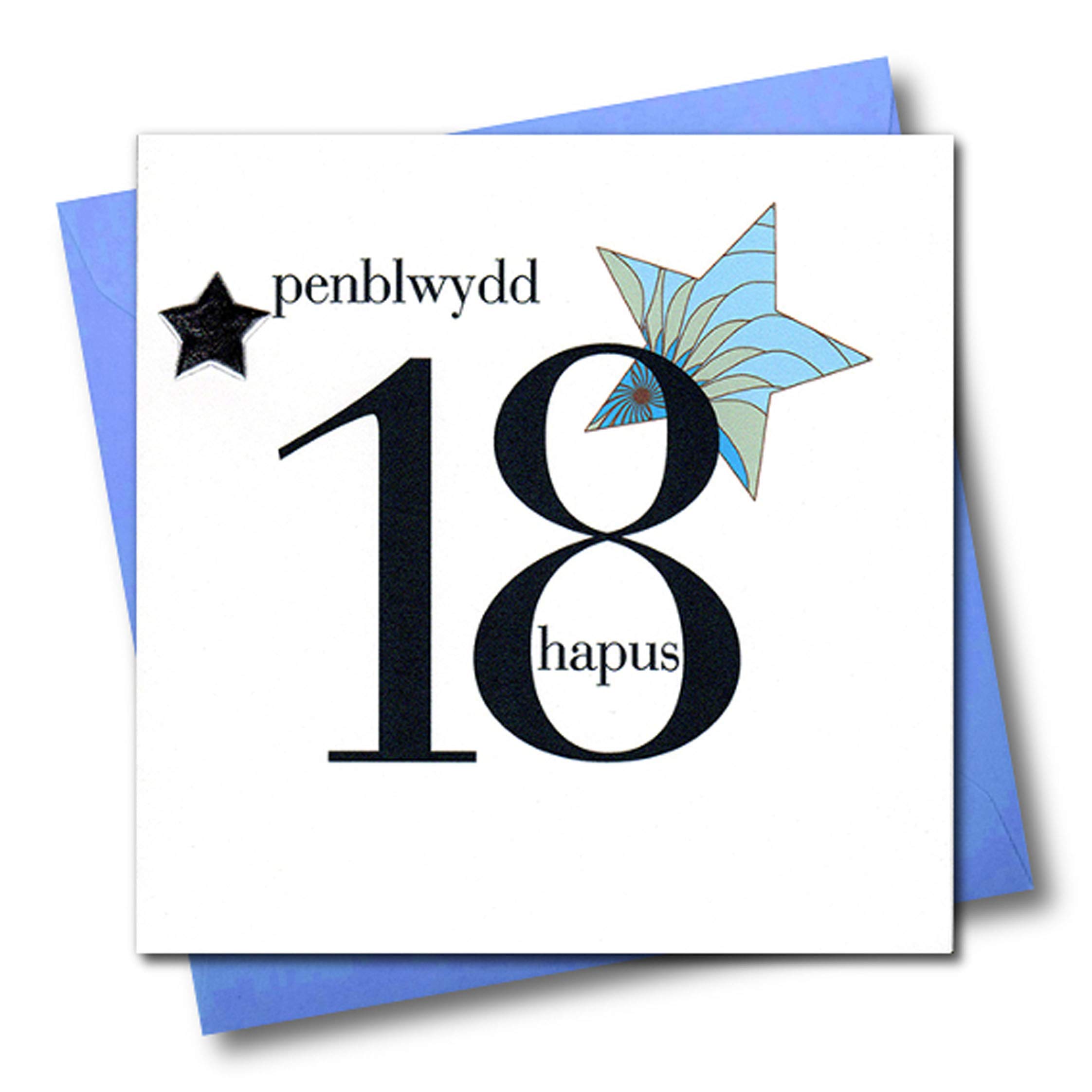 Claire Giles Hearts and Stars Welsh Penblwydd Hapus Happy 18th Birthday Card - Blue