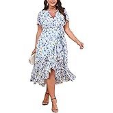 EYWOL Women's Plus Size Floral Wrap Dress - V-Neck Ruffle High-Low Midi Dresses with Flutter Sleeves for Wedding Guest Party