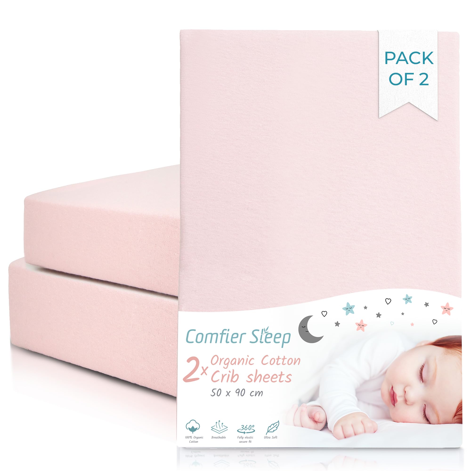 Crib Sheets 50x90cm – Organic Cotton 2 Pack Pink Cozee Bedside Crib Fitted Sheets – Soft Cot Sheets for Breathable Comfort — image 1