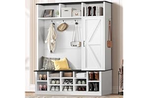 4ever2buy Entryway Hall Tree with Shoe Storage, Farmhouse Mudroom Hall Tree with Bench and Shoe Storage, Shoe and Coat Rack for Entryway, Coat Rack with Mudroom Bench