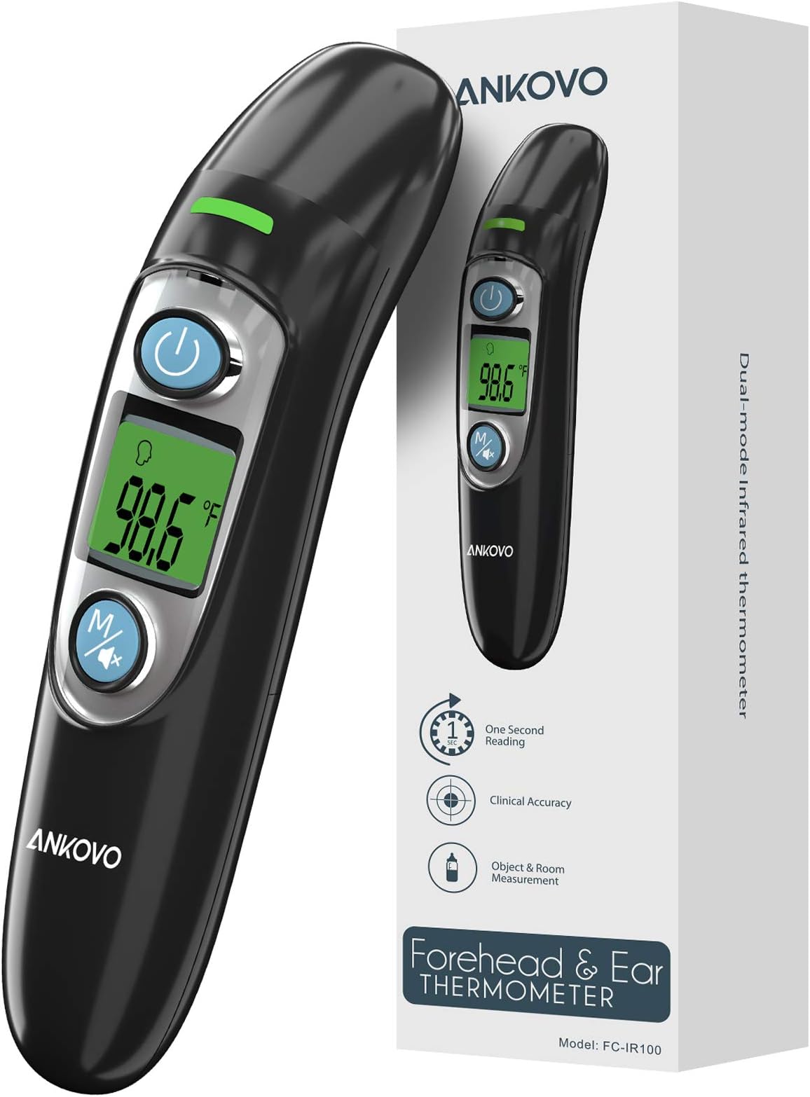 ANKOVO Non-Contact Thermometer for Adults, Digital Infrared Thermometer for Fever, Ear and Forehead Thermometer for Baby and Kids, LCD Screen Memory Recall Fever Alarm (Beep and Alarm)