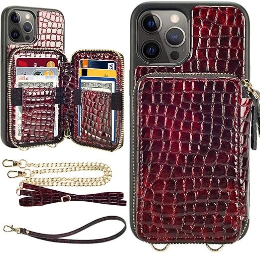 Amazon Com Wallet Case Compatible With Iphone 12 Iphone 12 Pro Wallet Case Lameeku Crossbody Case With Credit Card Holder Lanyard Purse Protective For Apple Iphone 12 Pro 6 1 Inch Wine Red