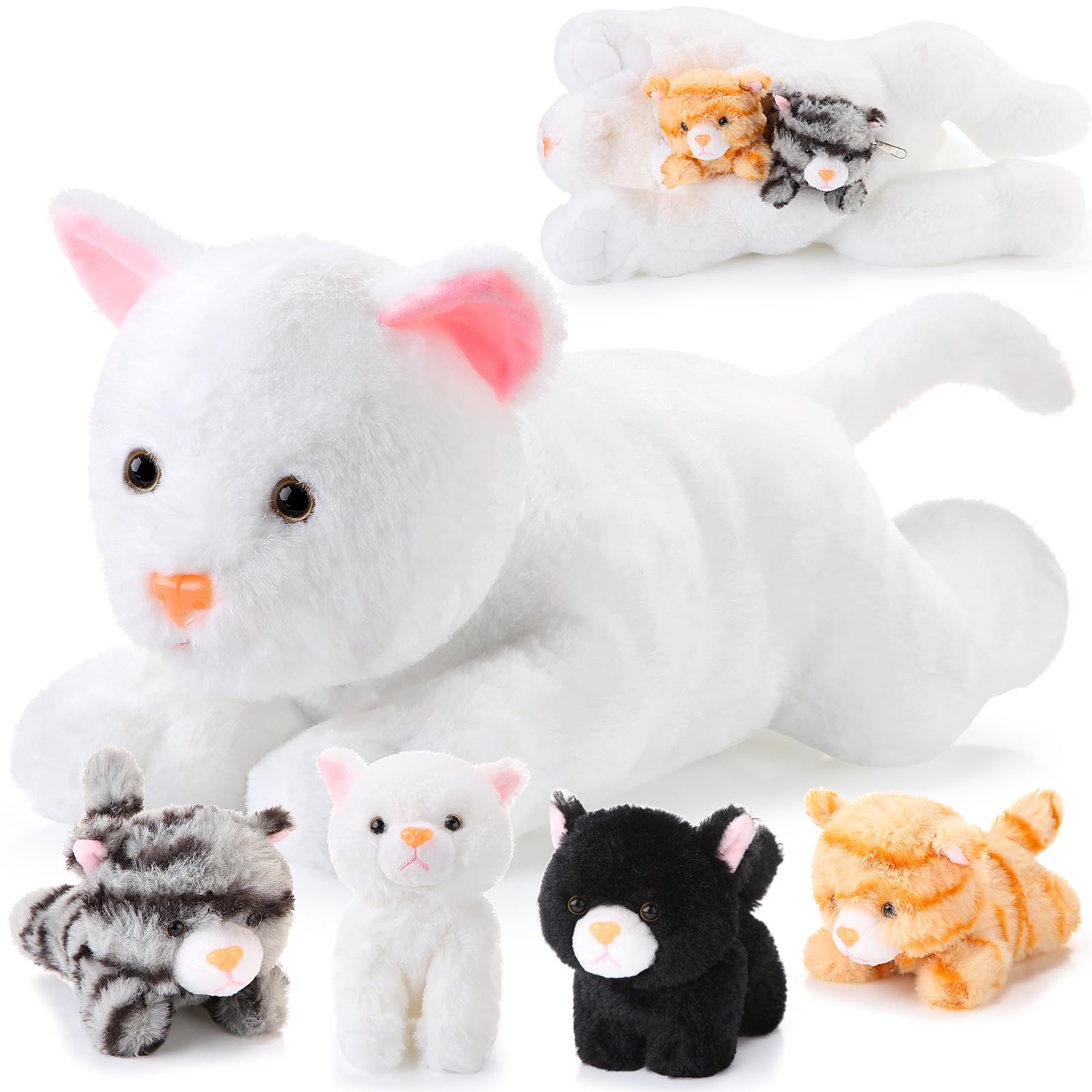 Skylety 5 Pieces Cat Stuffed Animal with Babies Inside Belly pregnant Cat Plush mommy kitty with 4 Cute Fluffy Stuffed Kittens Easter Birthday Surprise Gifts(White) — image 1
