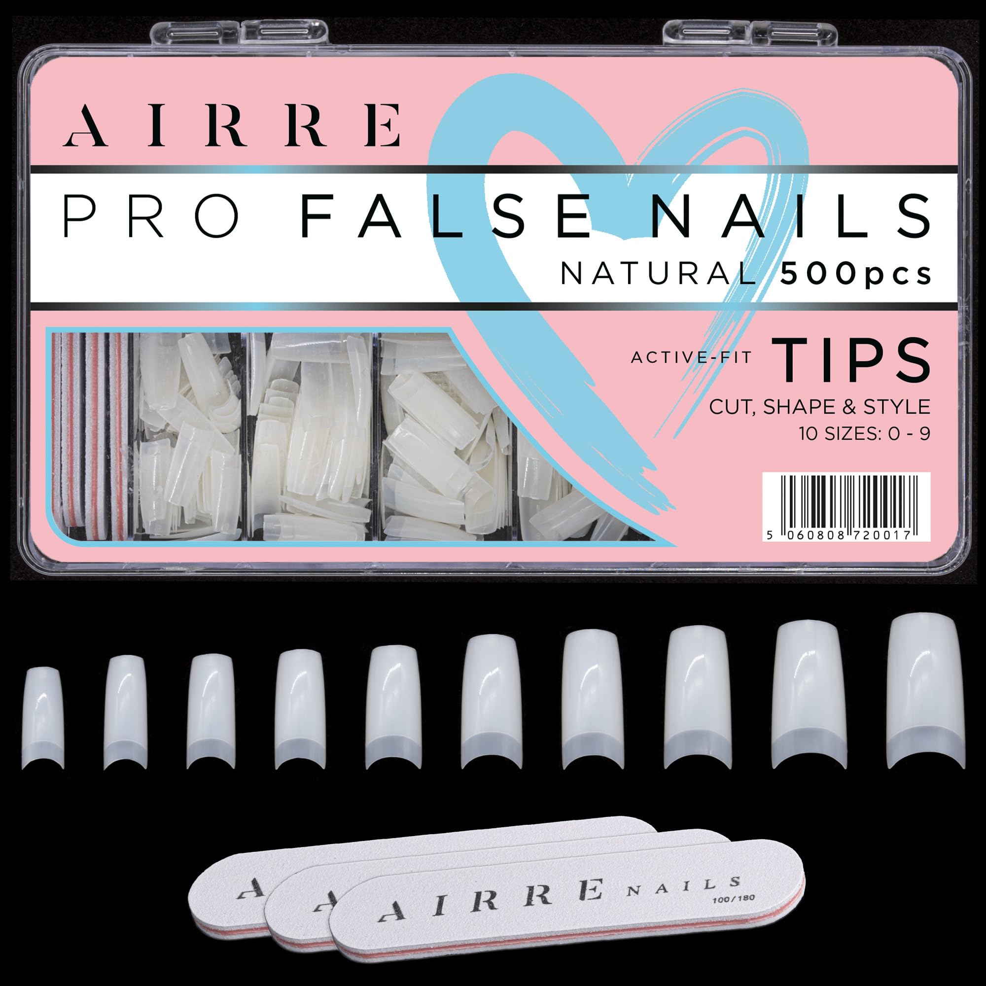 500 AIRRE Pro Acrylic Nail Tips & 3 Files with Box - (10 Sizes) French Square Half Cover False Nails. For Salons MUA & Home DIY. Use: Cut, File & Shape, UV/LED Gel, Polish & Nail Art (Colour: Natural)