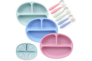 Elk and Friends Silicone Suction Plate for Babies/Toddlers + Stainless Steel Silverware Feeding Set | Divided Plate | Suction Design | Forks + Spoons Included | 3 Pack