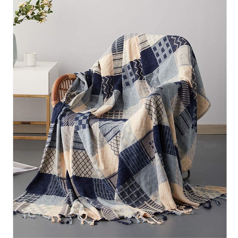 ele ELEOPTION Chenille Throw Blanket, Jacquard Tassels Throw Blanket Sofa Chair Cover Decorative for Bed Couch Soft Chair, Folk Tribal Pattern (Blue Grid, 150 x 190 CM)