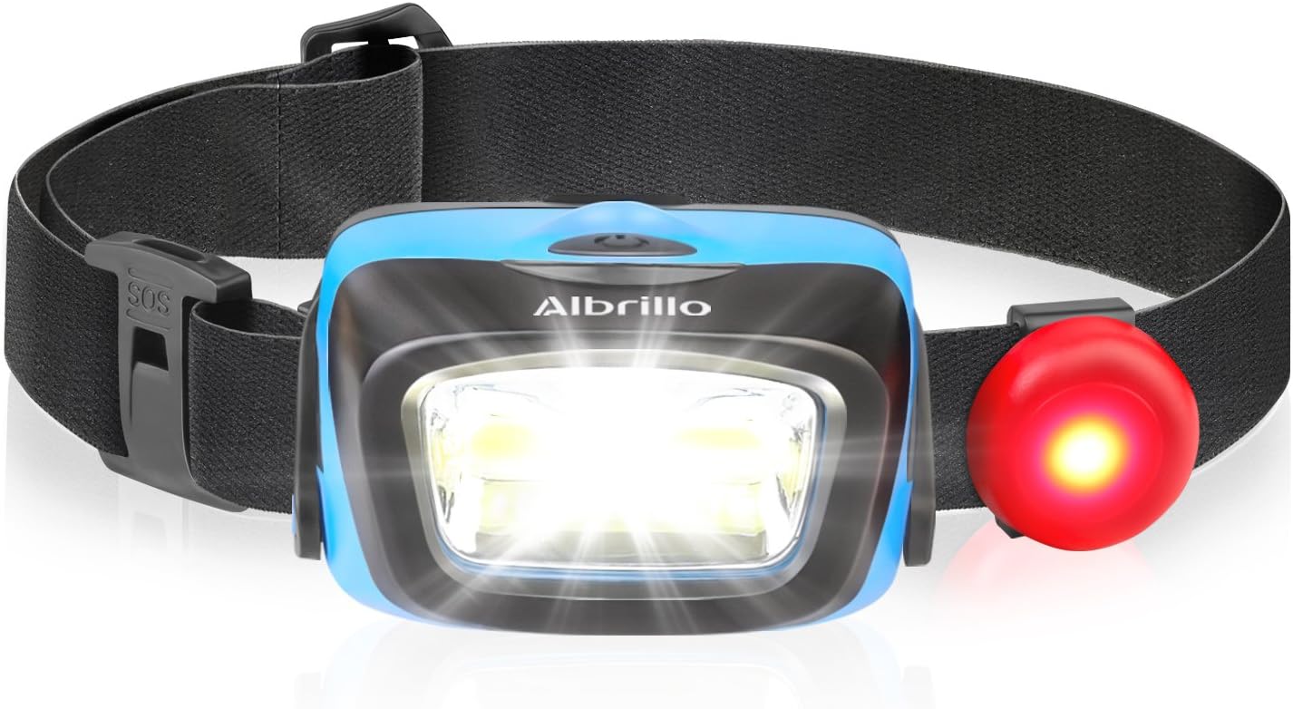 Albrillo LED Headlamp Flashlight, Waterproof Headlight 5 Modes with Red Light Option, Battery Powered Helmet Light for Camping Hiking Running Hunting