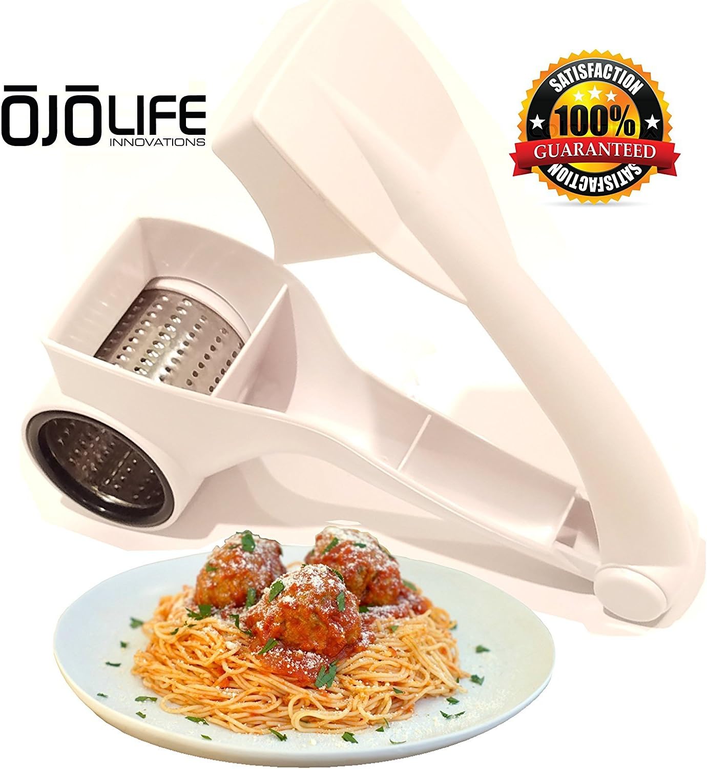 Professional Duty Rotary Cheese Grater Shredder - Multi Use - Razor Sharp Stainless Steel Blades - With Complementary E-Cookbook - Restaurant Quality - Premium Grade - by OjoLife Innovations