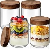 Bumobum 16 oz Overnight Oats Containers with Lids, Glass Mason Jars with Acacia Wood Airtight Lid, Wide Mouth Glass Canisters for Food Storage Chia Pudding Snacks Yogurt Spice Meal Prep, 4-Pack