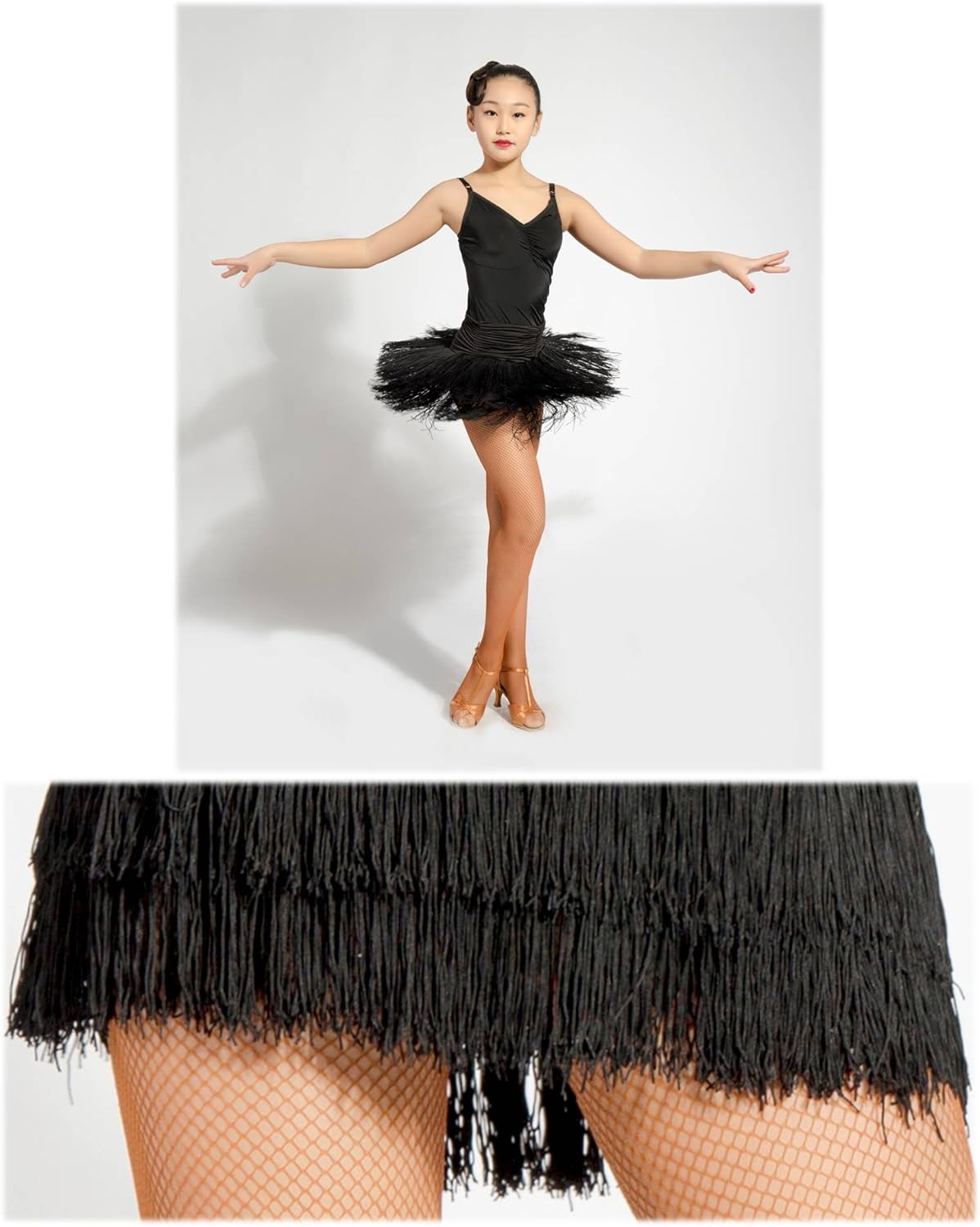 GD2002 Kid Latin Ballroom Dance Professional Pleated Surface and Double Tassel Swing Design Skirt for Girl: Clothing