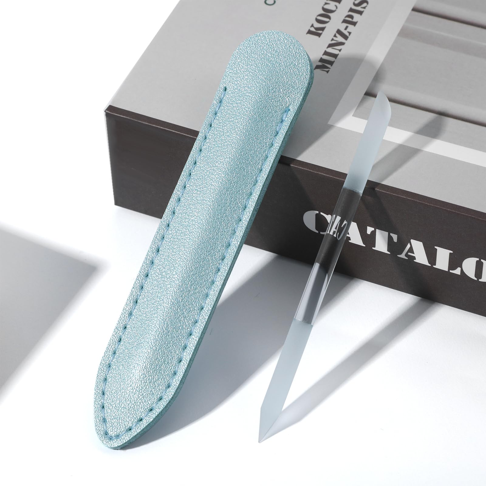 Photo 1 of YBEATY 2 Pcs Glass Nail Pusher Cuticle Dual Ended Manicure Care Cleaner Stick Fingertip Precision Angled Filing Remover Tools Premium Durable Crystal File Set with Leather Case for Finger Toenails