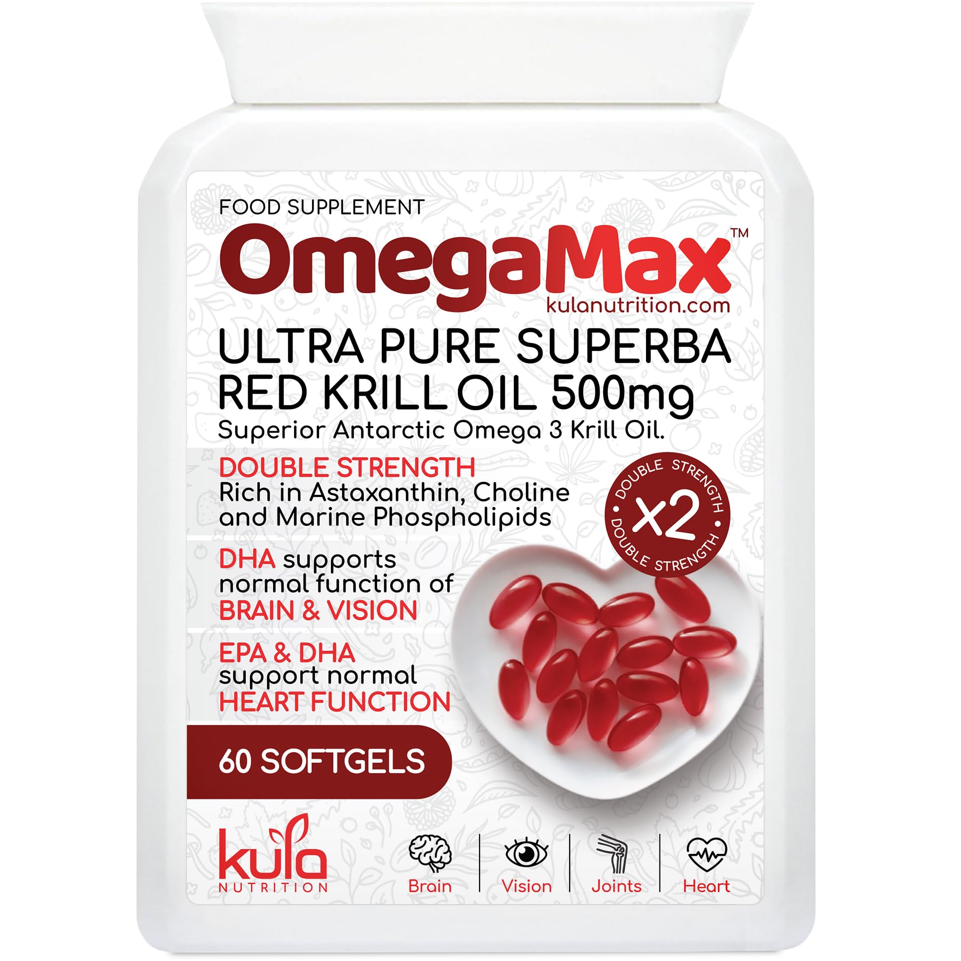 OmegaMax - High Strength Red Krill Oil Capsules 1000mg per Serving - Astaxanthin - Ultra Pure Omega 3 Oil for Heart, Blood Pressure, Vision and Brain Health – Sustainably Sourced - 60 x 500mg Softgels