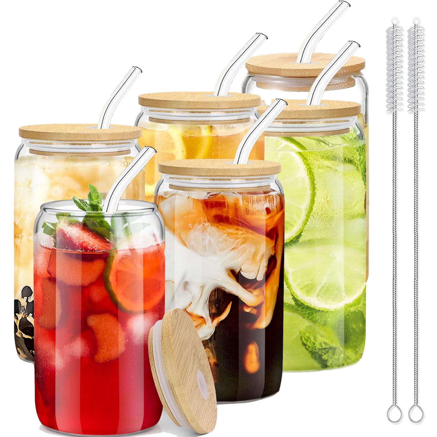 Cnwinu Iced Coffee Cup 6Pcs Set,16oz DIY Party Handmade Drinking Glasses Tumbler,with Glass Straws and Bamboo Lids,Hold Water,Milk Tea, Beer,Ice Coke,Cocktail,Coffee Glass(6pcs Set)