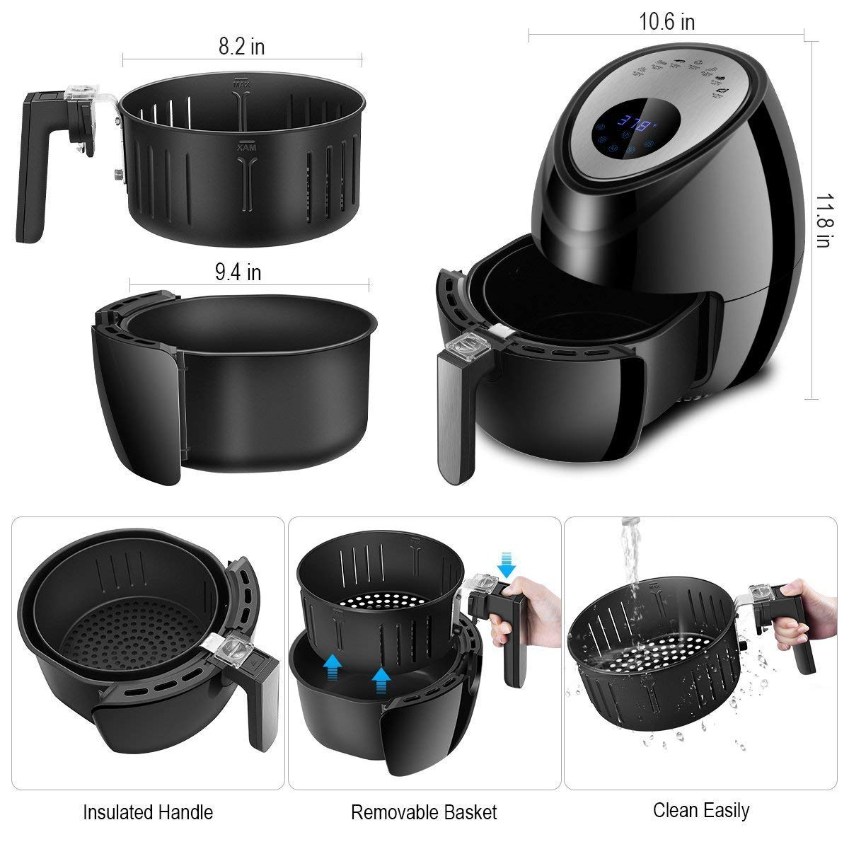 Air Fryer Electric 3.8QT XL Oil Free Low Fat + Cookbook, Digital LED Touch Air Fryer 7 Cooking Presets Menu - Dishwasher Safe Fry Drawer with 5-Piece Accessories 1500W