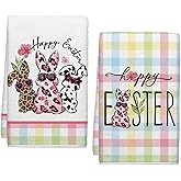Cloudfomila Happy Easter Bunny Kitchen Towels, Farmhouse Buffalo Plaid Dish Towels Set of 2, Spring Leopard Print Rabbits 18 x 26 Inch Hand Towel Quick Drying Dishcloth Decor for Kitchen Bathroom Home