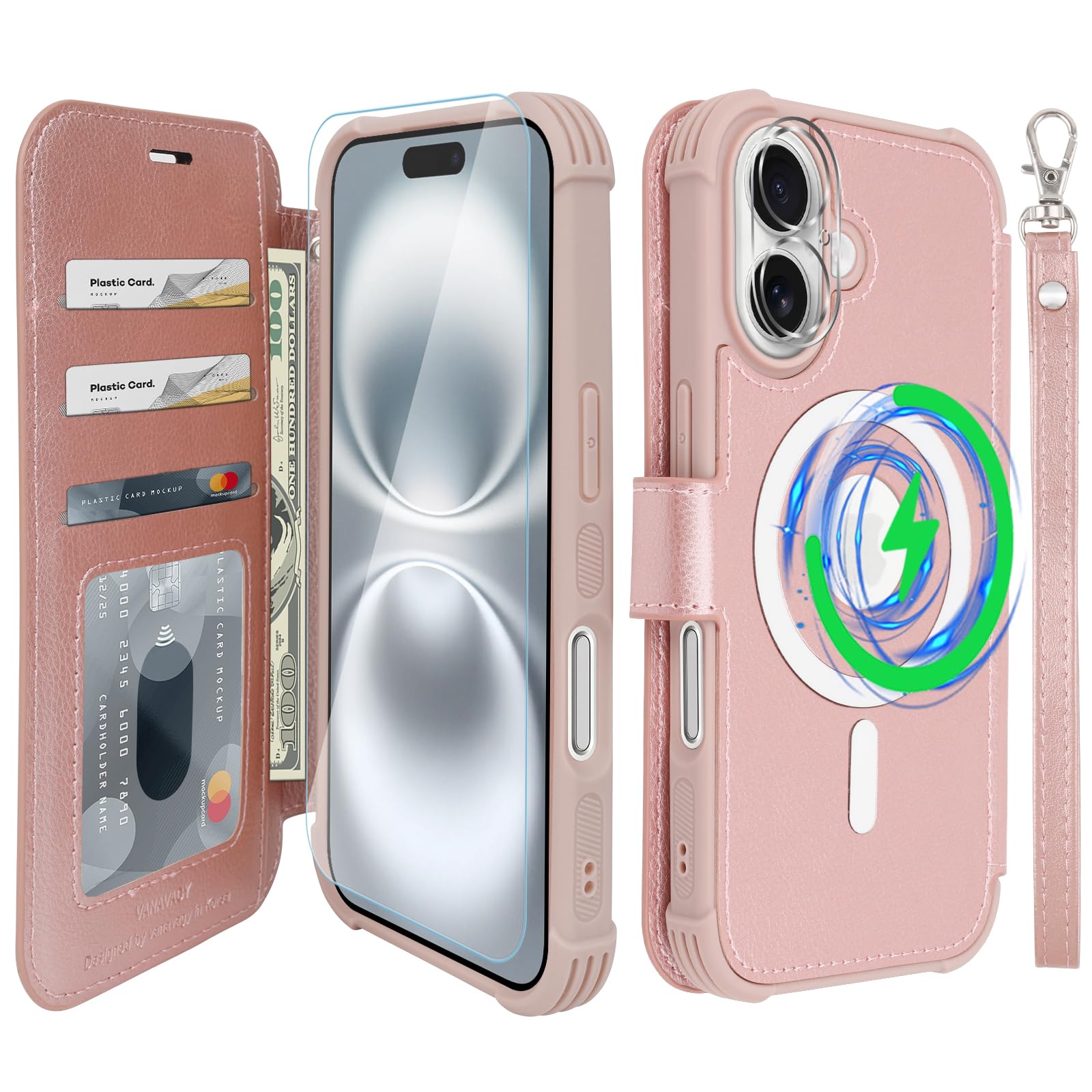 VANAVAGY Compatible for iPhone 16 Wallet Case for Magsafe Wireless Charging,Leather Flip Folio Wrist [Glass Screen Protectors and Camera Lens Protectors]with RFID Block Card Holder,Rose Gold