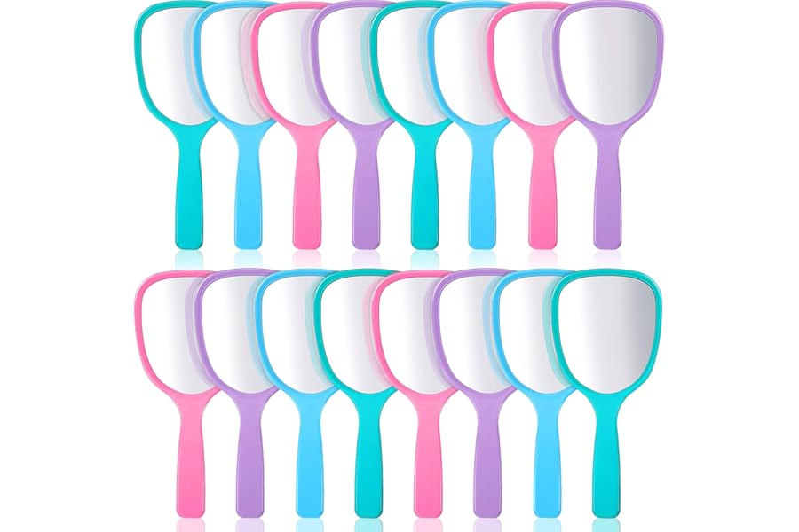 Hicarer 16 Pcs Hand Handheld Mirror with Handle Plastic Travel Makeup Handheld Cosmetic Mirror for Travel, 3.15 Inch Wide, 7.09 Inch Long (Blue,Green,Pink,Purple)