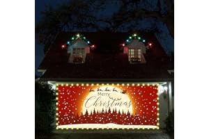 Roetyce Garage Door Christmas Decorations, Large Red Merry Christmas Garage Door Cover Banner(with Lights), Outdoor Christmas Party Decoration Supplies, Xmas Holiday Backdrop Background Poster 7x16Ft