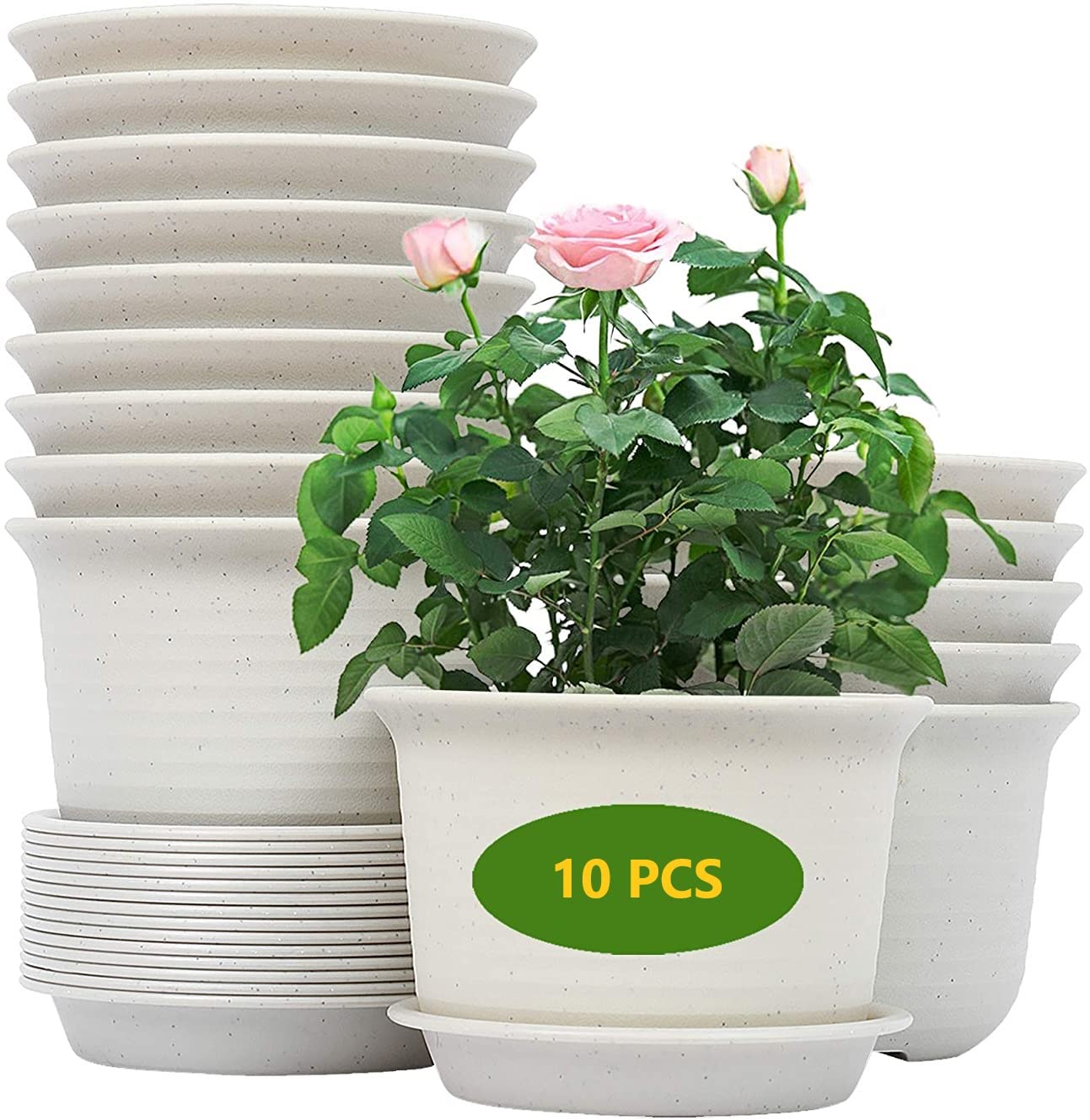 KAHEIGN 10Pcs Plastic Flower Pots, 15cm Thicken Plant Pots Plant Container Indoor Gardening Pot with Drainage Pallet (White Grey)