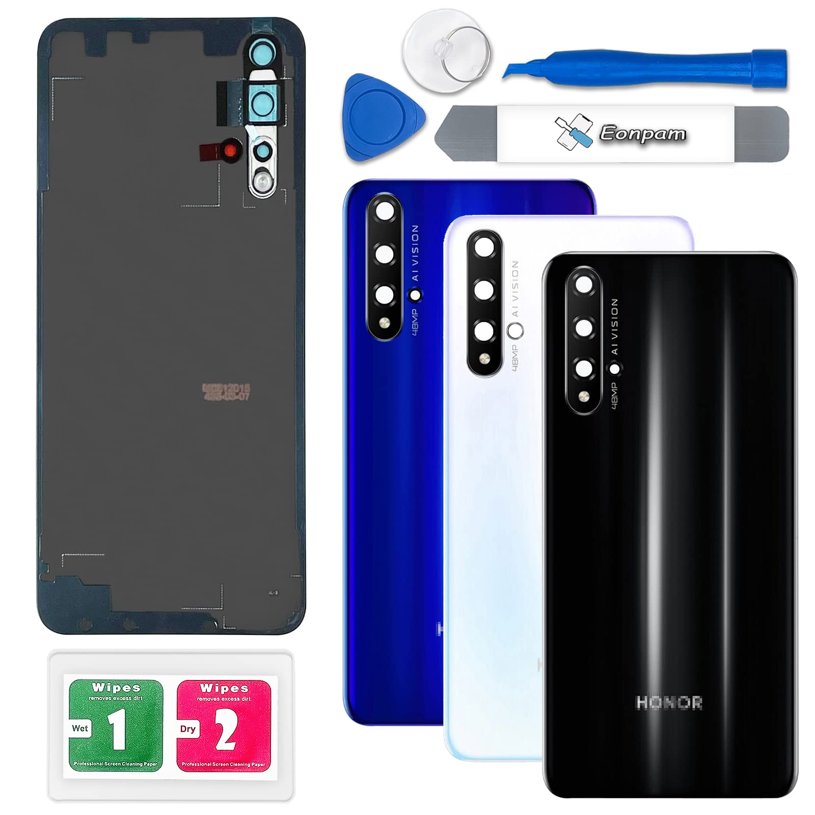 Eonpam Back Cover Glass for Honor 20 Rear Glass Replacement with Camera Lens + Repair Kit Genuine Rear Housing (Black)