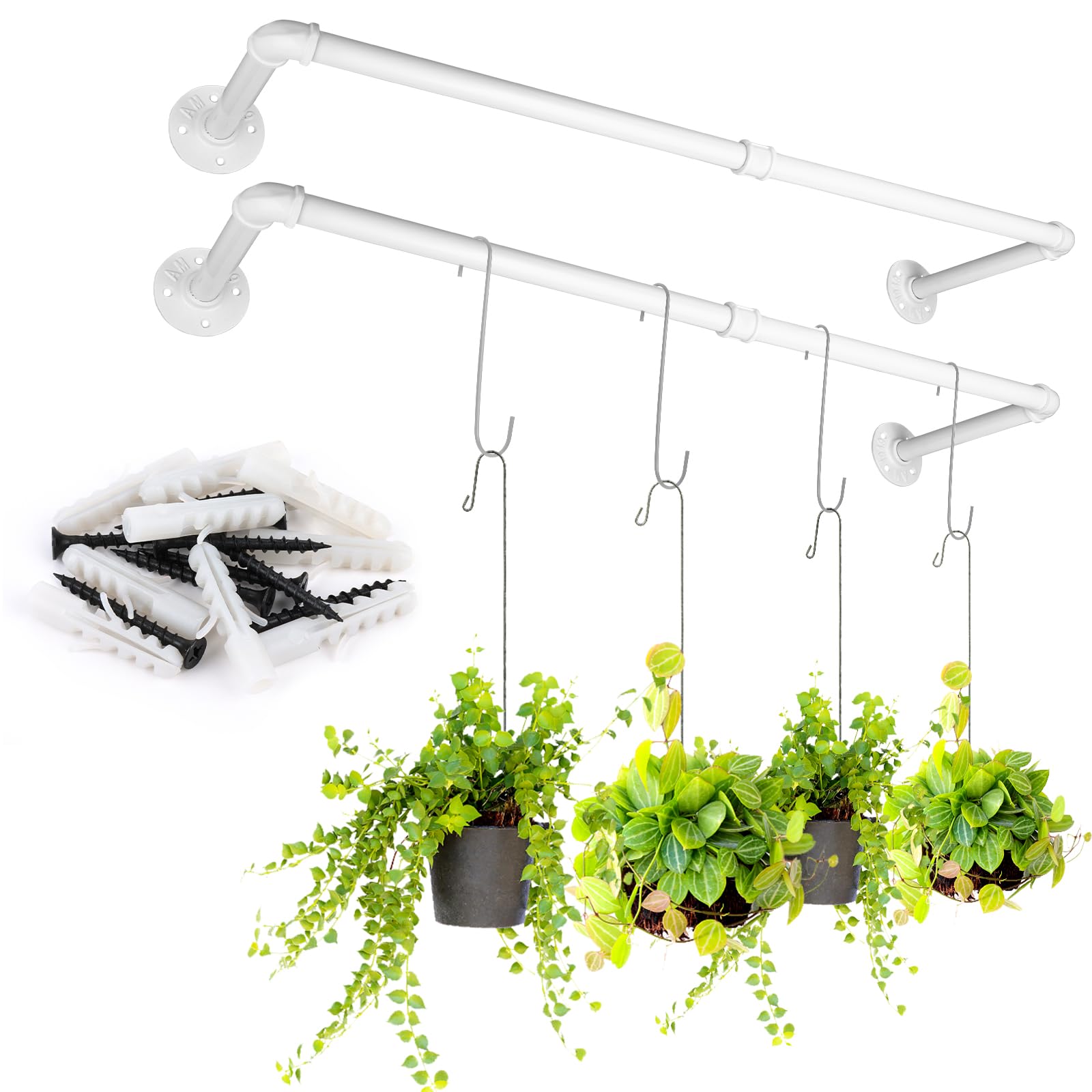 Photo 1 of Yoiemivy Hanging Planter Bar with 4 Pcs Hooks White Wall Mount Planter Hanger Rod Minimalist Flowerpot Hanger Metal Plant Hanger for Window Wall Ceiling Herb Garden (White)