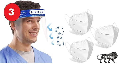 True-Ally Combo (3 Pcs Face Shield + 3 pcs 5 layer N95 Mask) Plastic Reusable Long Lasting Face Shield, Droplet Protection, Transparent Breathable With Protective Clear Film Elastic Band, 5 layer N95 Mask (pack of 3 +3= 6)(Mix Color)(CE and FDA approved mask)