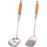 Wok Spatula and Ladle,304 Stainless Steel Utensils.Suitable for home use, hotel, restaurant.13.7-15Inch