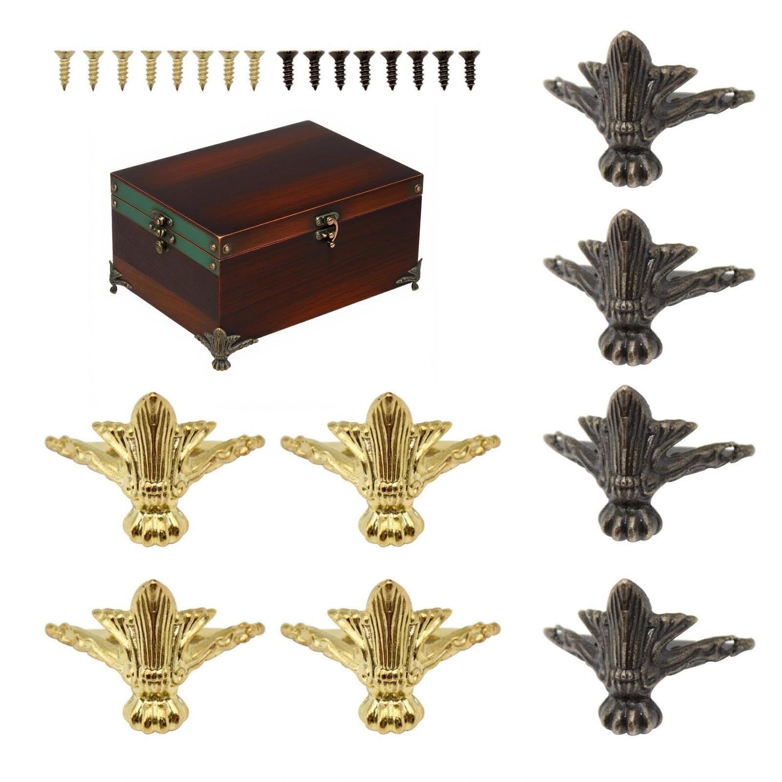 WJUAN 8 Pcs Antique Wooden Box Foot Table Leg Corner Protector Decoration Foot and Leg Corner Protection Kit, Used for Storage Boxes, Gift Boxes and Other Furniture Table Legs (Gold, Bronze)
