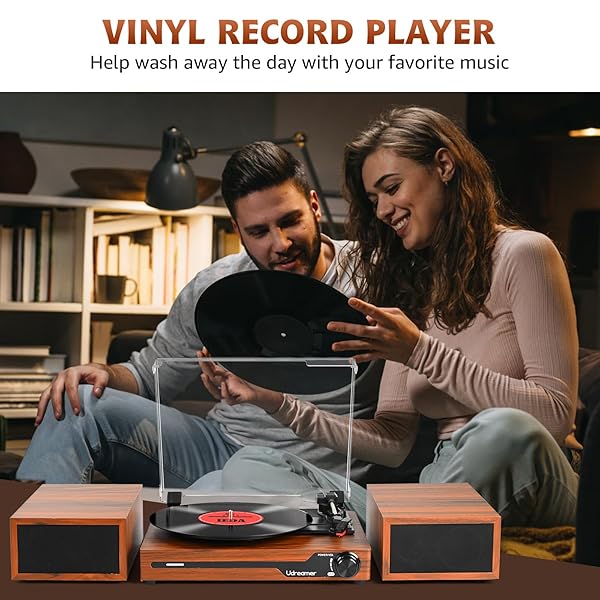 VINYL RECORD PLAYER WITH SPEAKERS,BLUETOOTH PORTABLE TURNTABLE FOR VINYL RECORDS,PHONOGRAPH LP PLAYER WITH 3 SPEED USB RCA IN VINTAGE BROWN