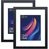 VCK 11x14 Picture Frame Set of 2 - Black, Textured Exclusive Wooden Frames with HD Glass, Display Photo 8x10 with Mat or 11x14 Without Mat