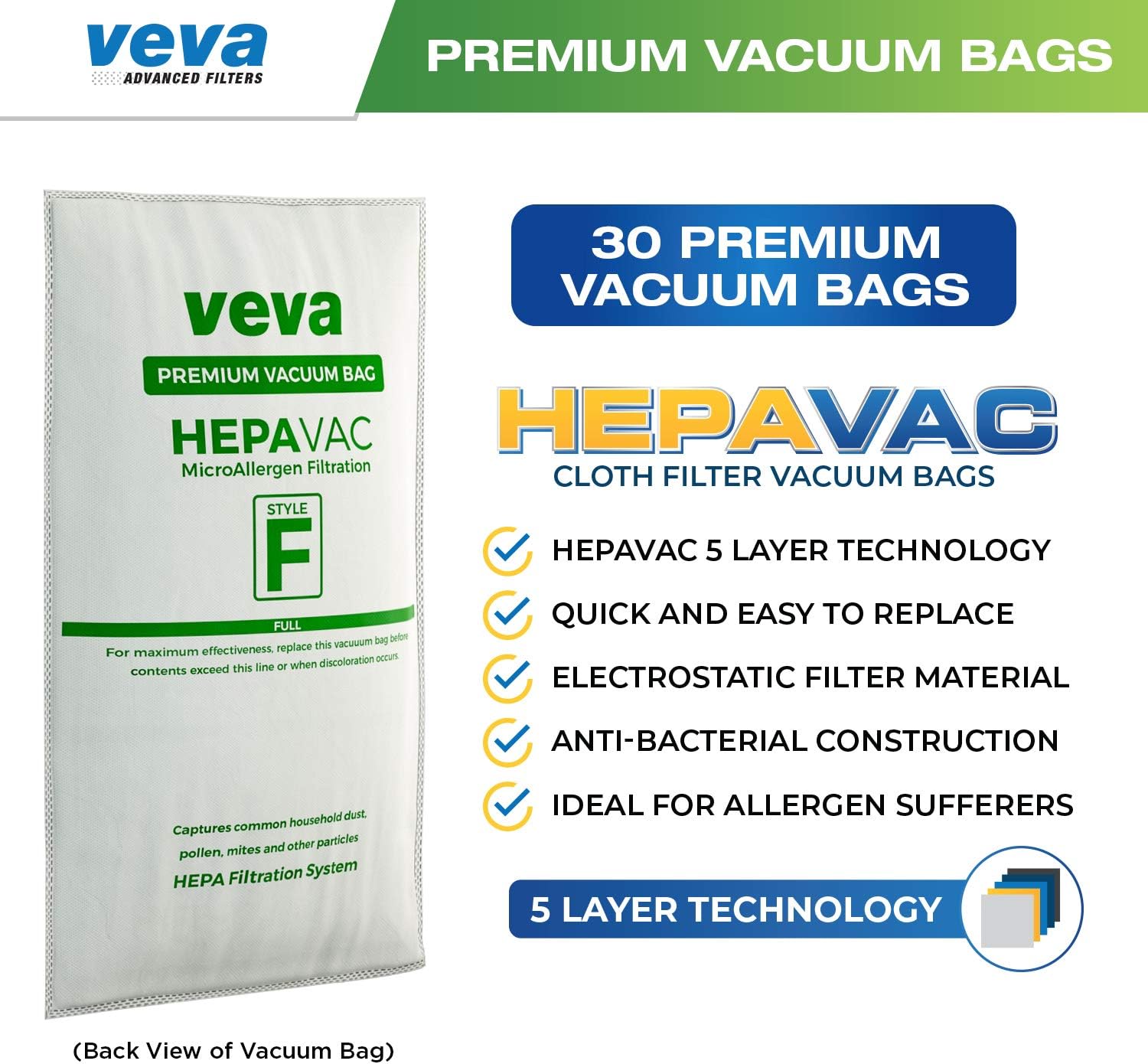 VEVA 30 Pack Premium HEPA Vacuum Bags Style F Cloth Bag Compatible with Kirby Replacement Type F, Q, 204808 204811 Avalir, Sentria I, II, G10D, Ultimate G, Diamond; G3, G4, G5, G6, G7 Cleaners -