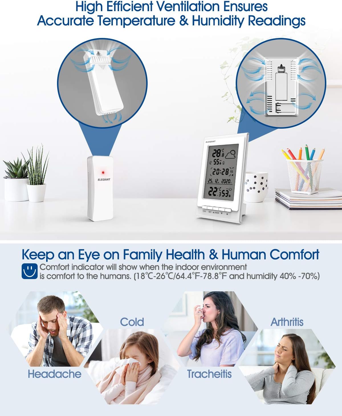 ELEGIANT Wireless Weather Station, Indoor Outdoor Thermometer Hygrometer with Sensor, Digital